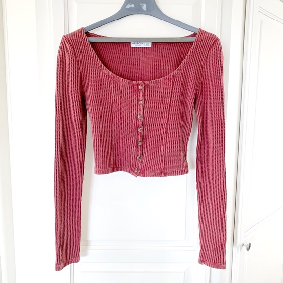 Arizona Jean Company Tops - ARIZONA Long Sleeve Button Down Sexy Scoop Neck Knit Top In French Caber…